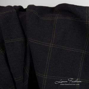 Wide black linen cotton fabric in green checks, specially washed to increase softness
