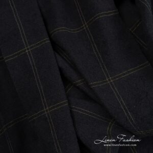Wide black linen cotton fabric in green checks, perfect for clothes and home textile