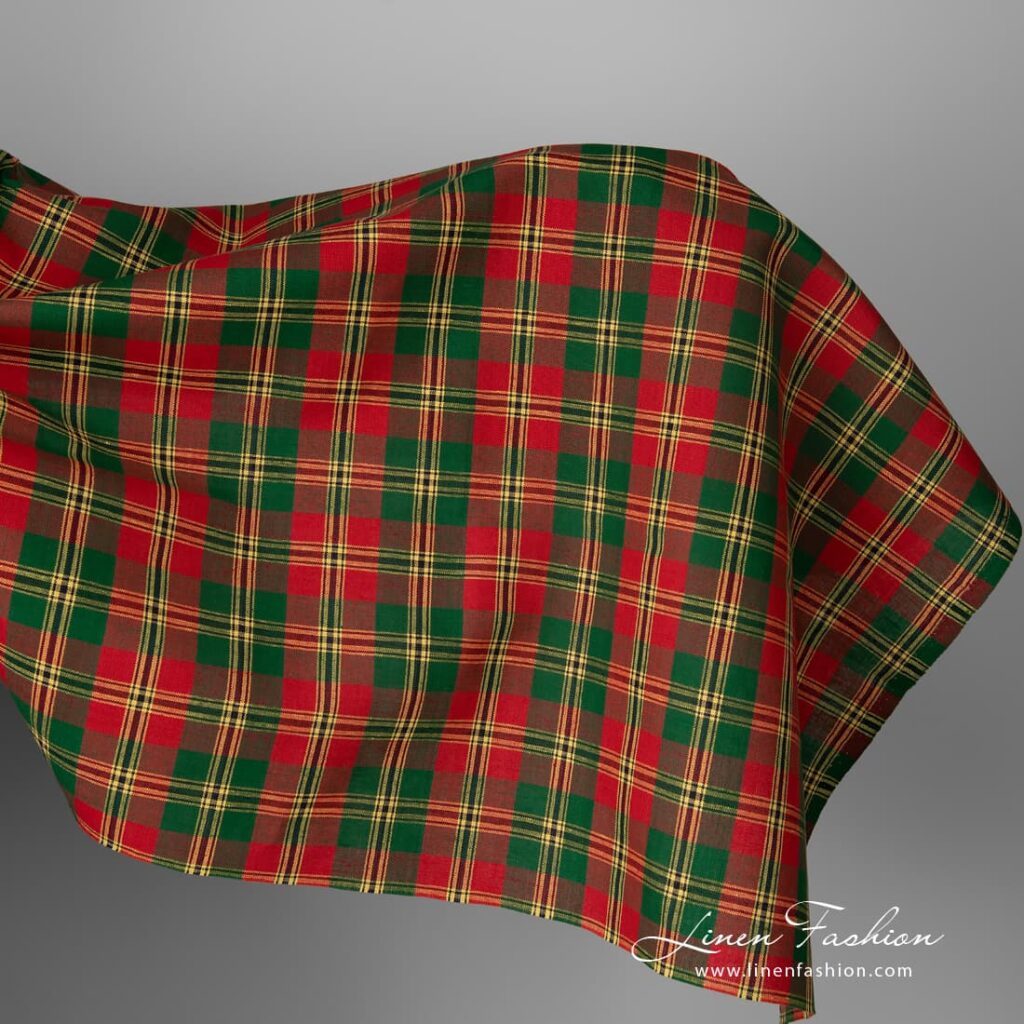Plaid linen cotton fabric in green, red colours