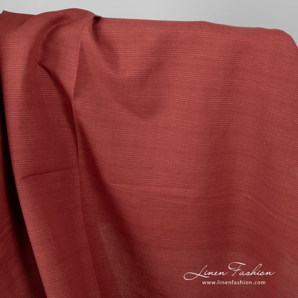 Striped red linen cotton fabric.