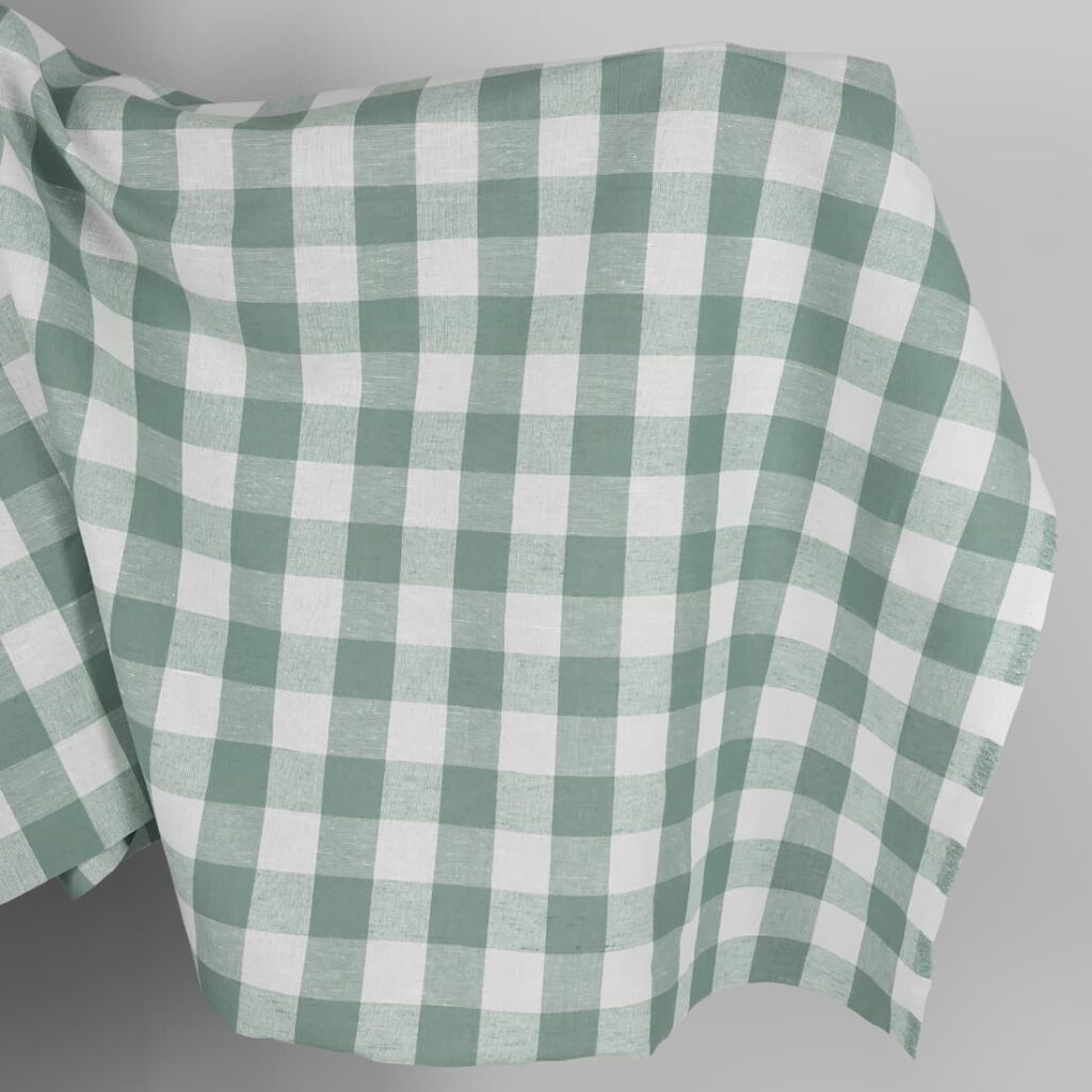 Green checked linen cotton fabric