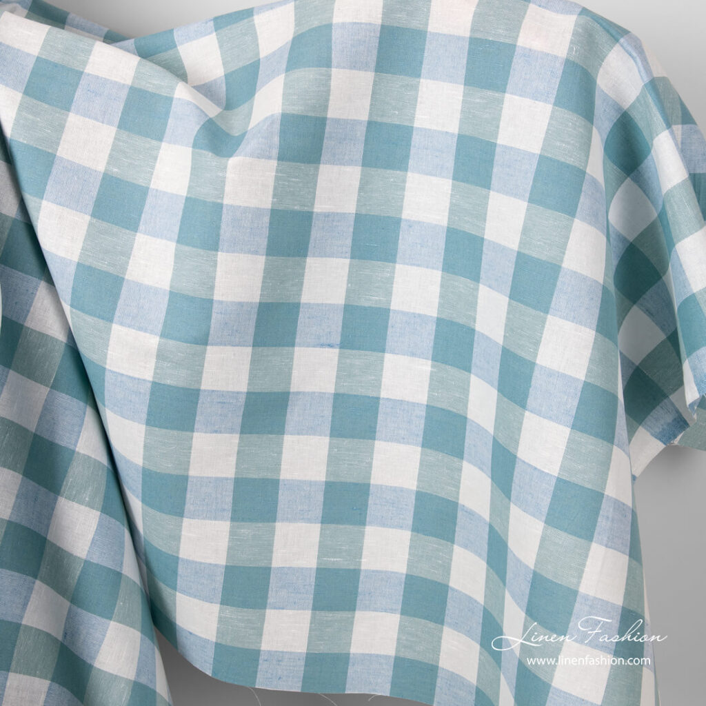 Linen cotton fabric in blue green color checks