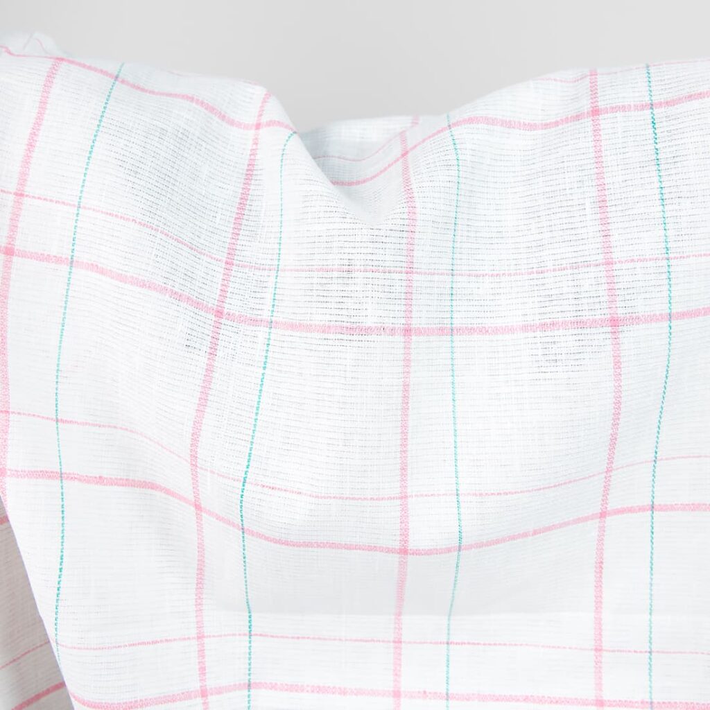 white linen fabric, pink check 150cm