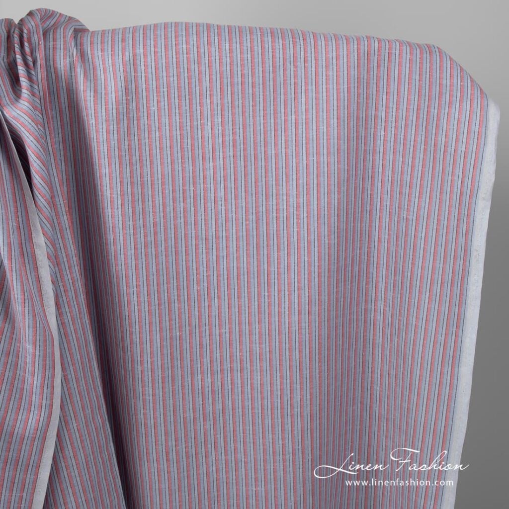 Linen cotton fabric in blue and pink stripes.