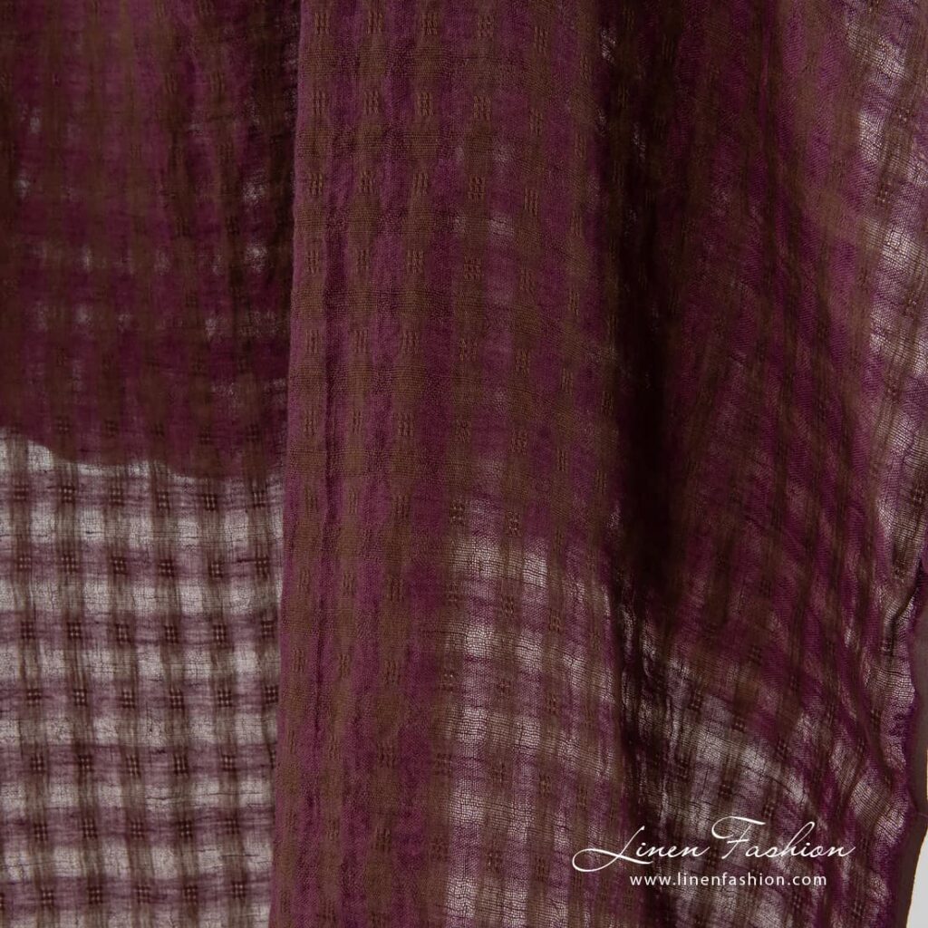 100% linen fabric in brown purple checks.