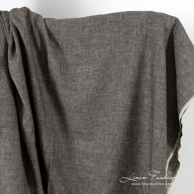 Herringbone linen fabric in black and natural linen