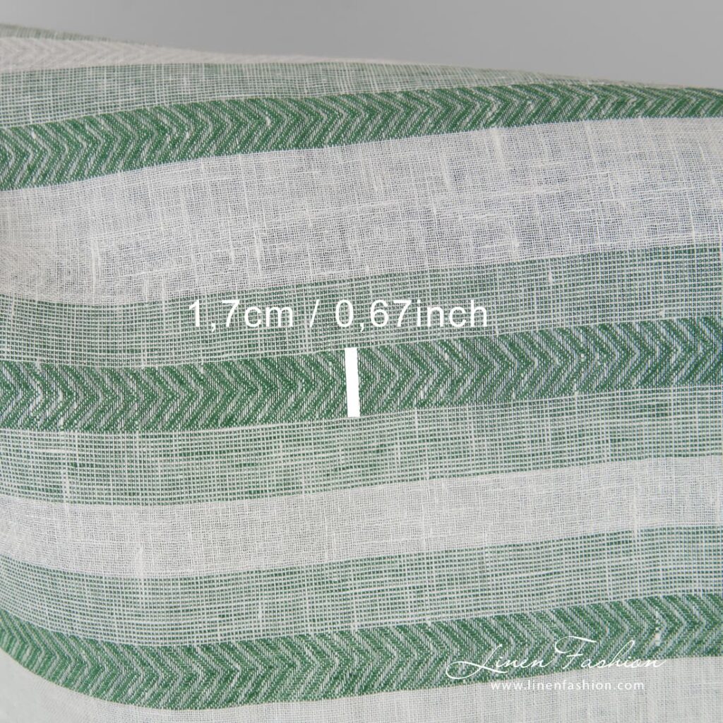 Green and white linen fabric in stripes, perfect for home textile