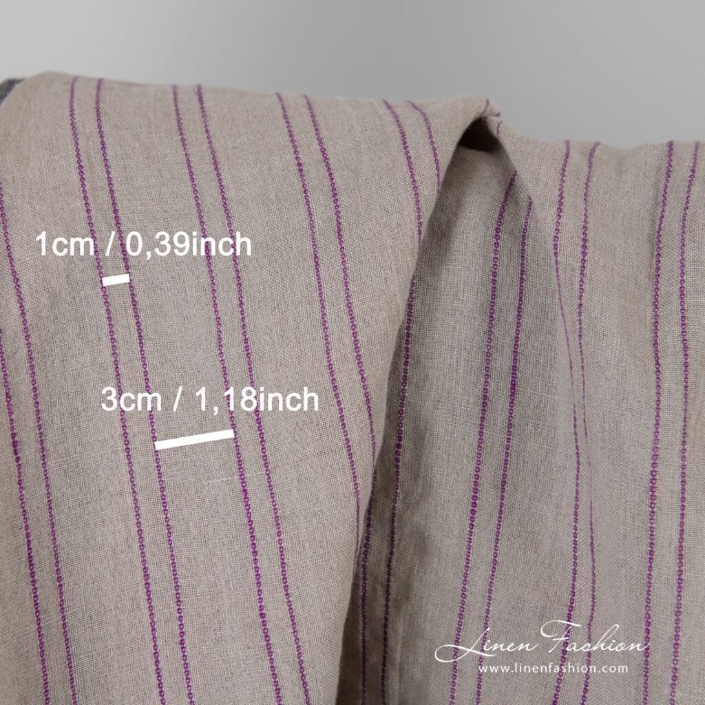 Natural color linen fabric in violet stripes, perfect for clothes and home textile