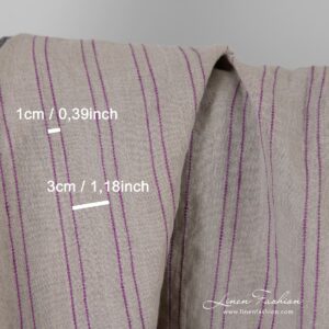 Natural color linen fabric in violet stripes, perfect for clothes and home textile