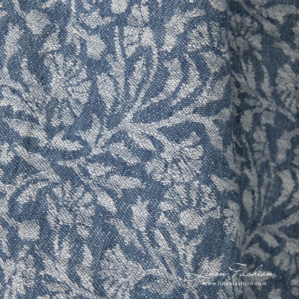 Linen cotton jacquard fabric with flowery ornaments, washed