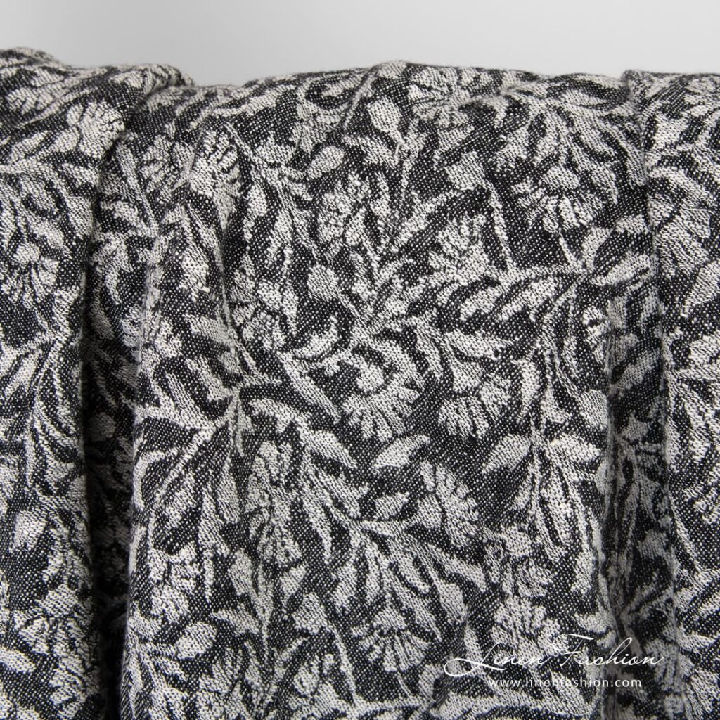Black linen cotton jacquard fabric with ornaments