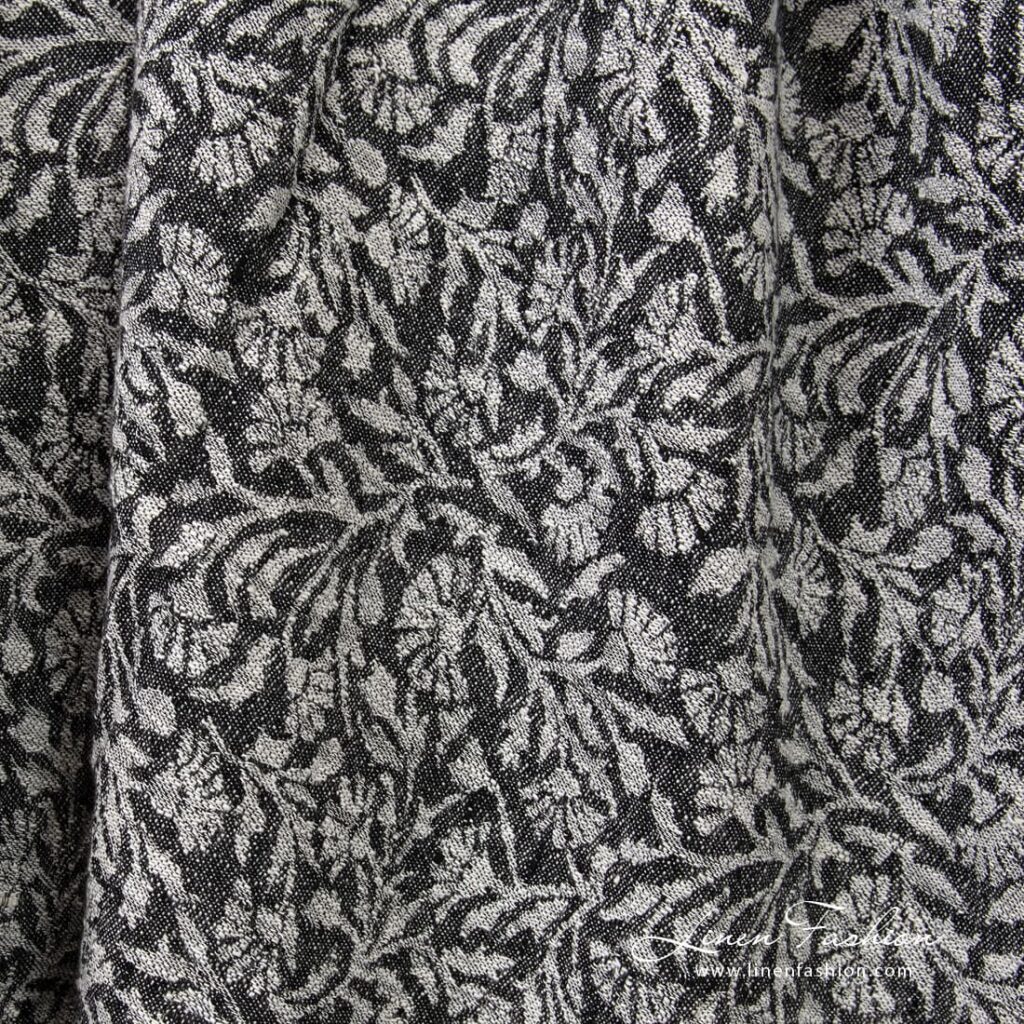 Black linen cotton jacquard fabric with flowery ornaments