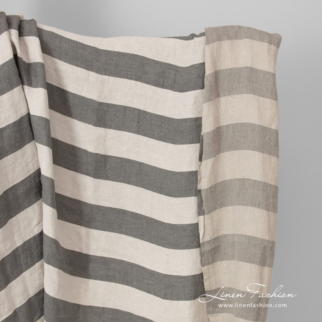 linen fabric beige grey stripes, washed