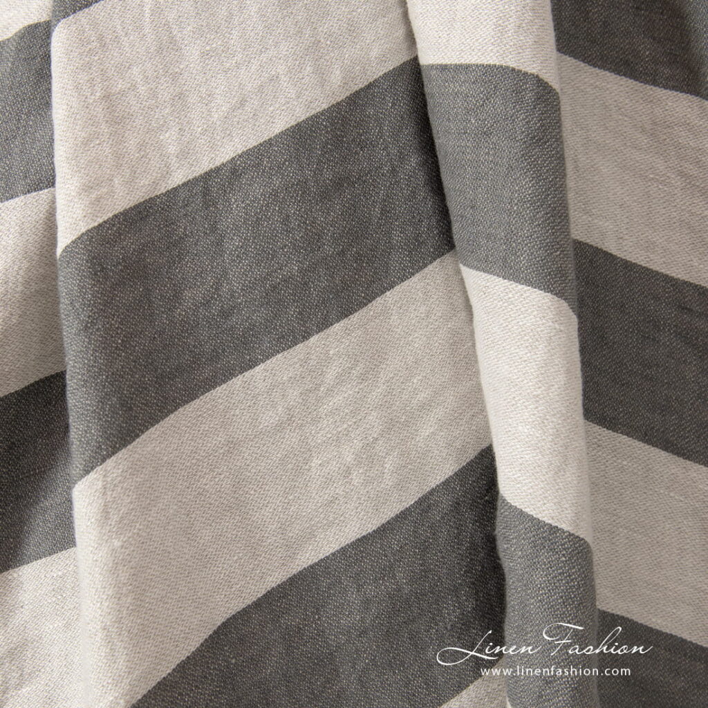 linen fabric beige grey stripes, satin weave.