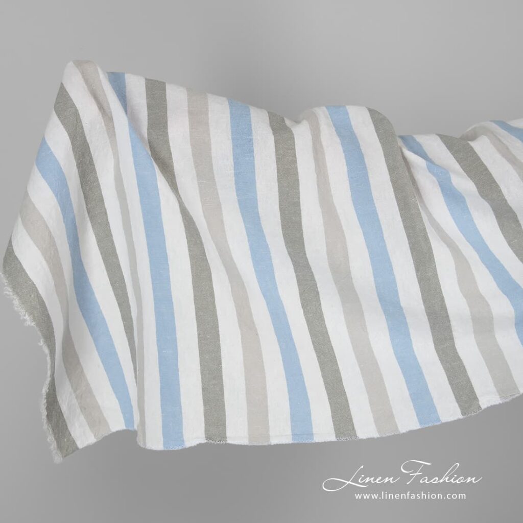 Wide striped linen cotton fabric, washed.