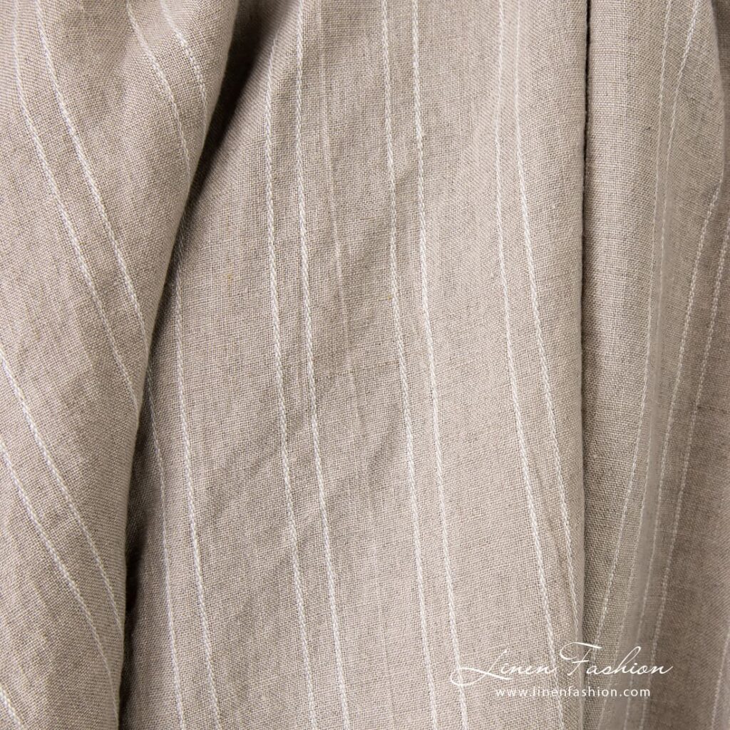 Natural color linen fabric in stripes, high quality
