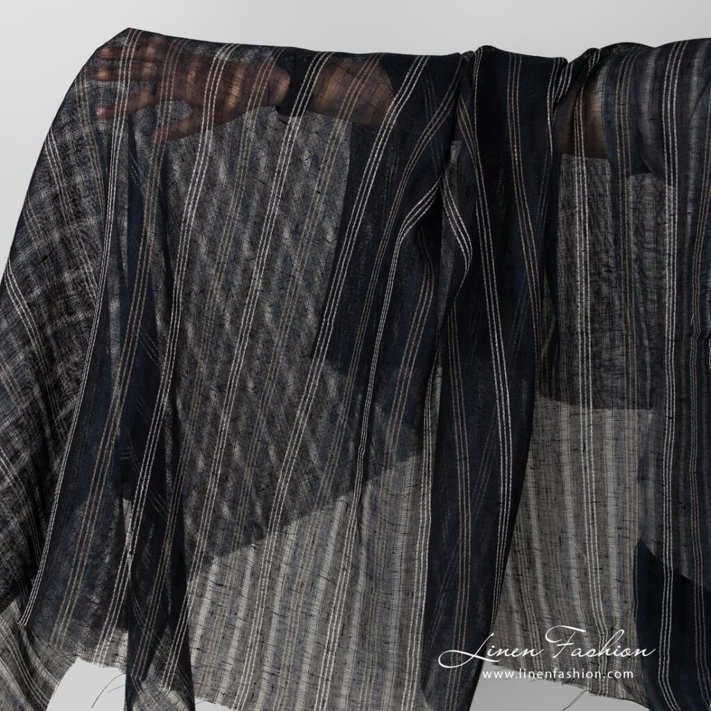 Transparent navy linen fabric, striped.