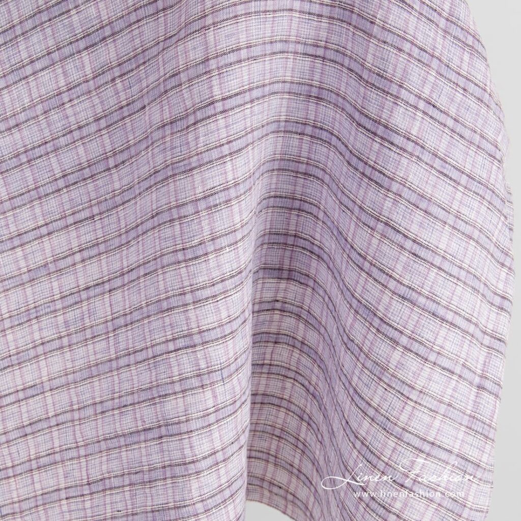 Violet linen fabric in checks, washed