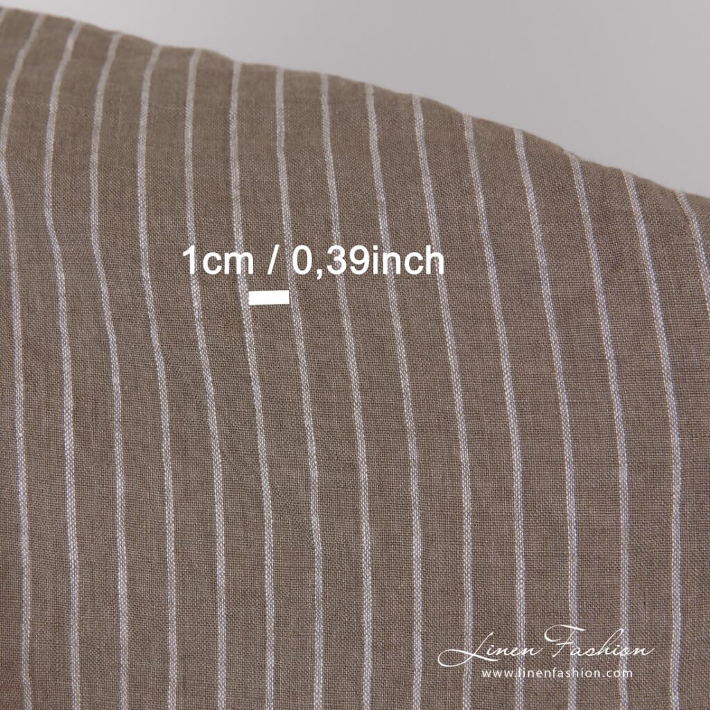 Brown linen fabric in stripes, perfect for clothes and home textile