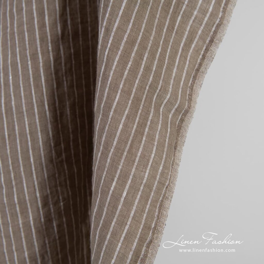 Brown linen fabric in stripes, specially washed to increase softness