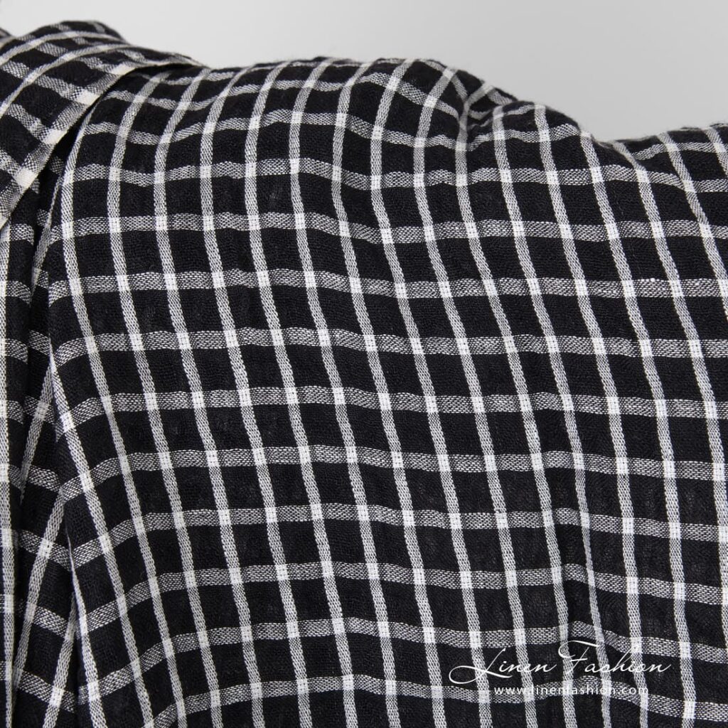 Black linen fabric in white checks, washed