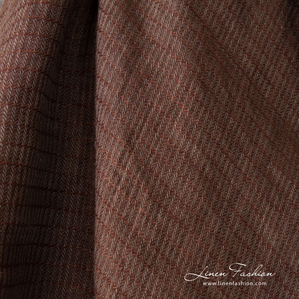 Striped linen fabric in brown color, washed fabric, high quality