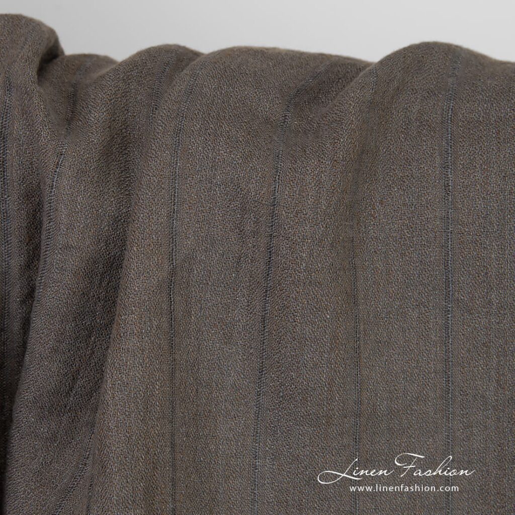 Striped greyish brown linen fabric, washed