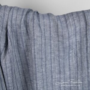 Blue grey linen fabric in vertical stripes, specially washed