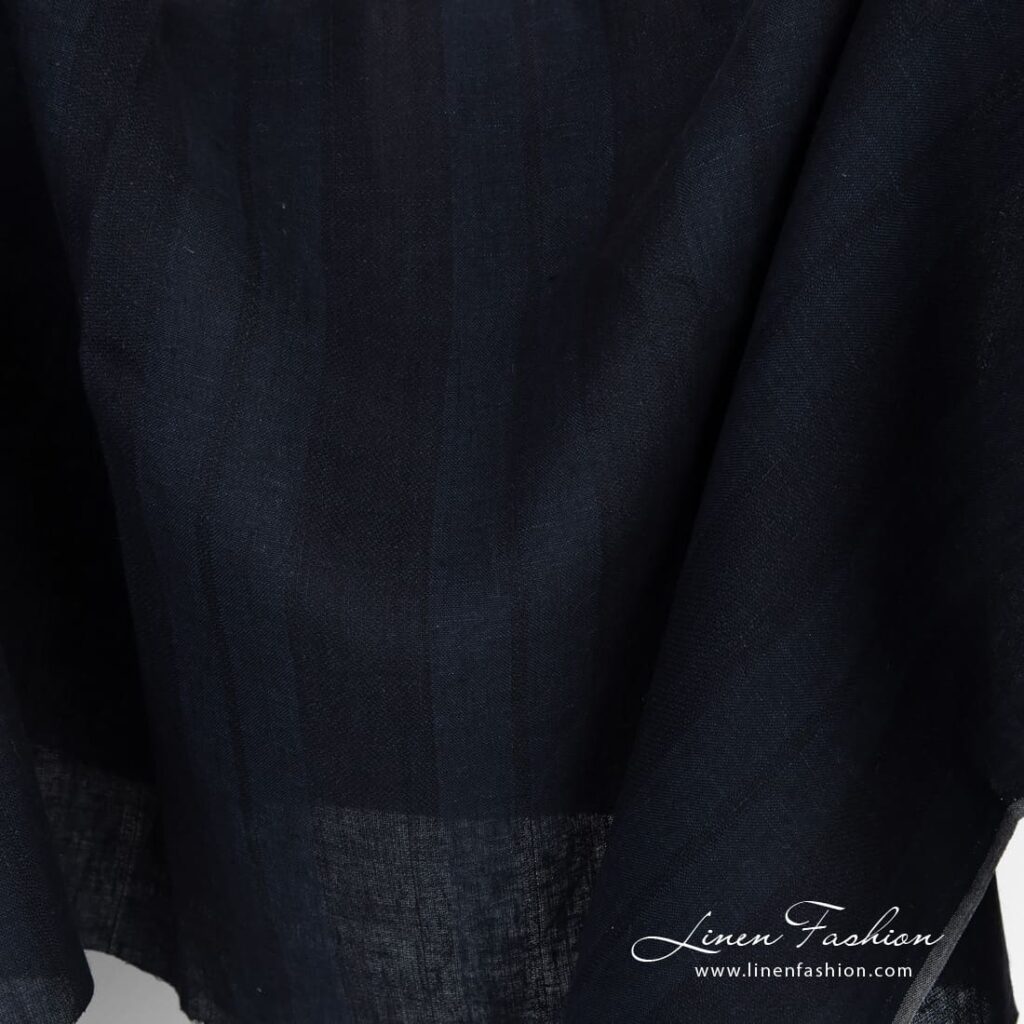Linen fabric in dark blue and black stripes for clothes and home textile