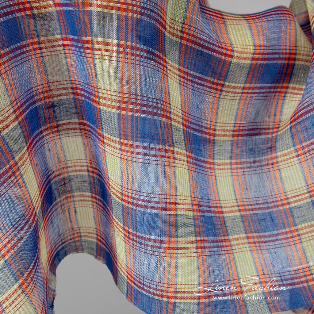 Blue orange linen fabric in checks.