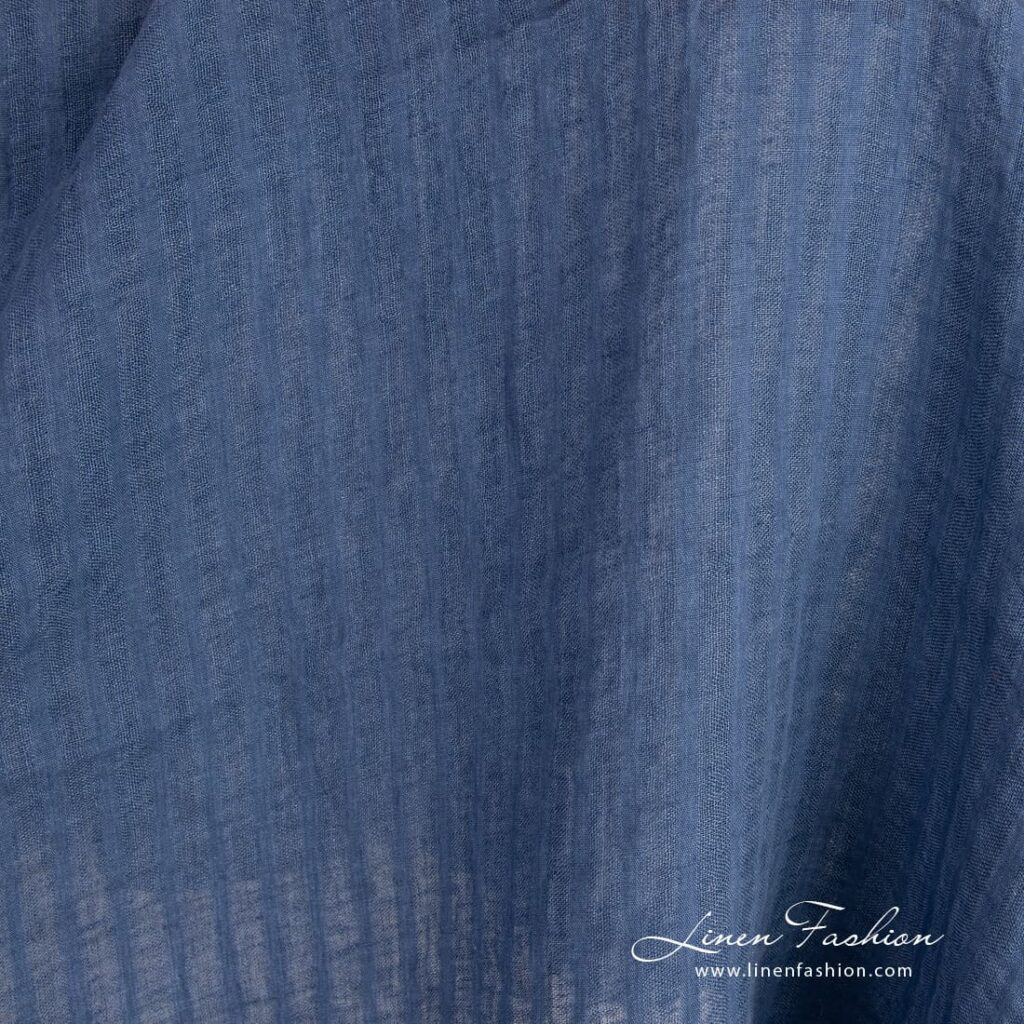 Blue linen fabric with openweave stripes