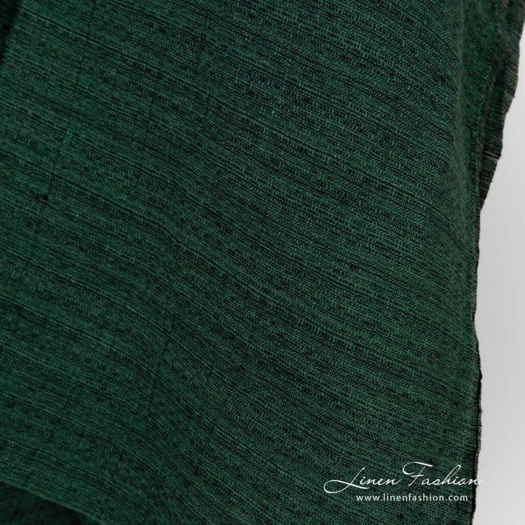Green linen fabric in tweed pattern