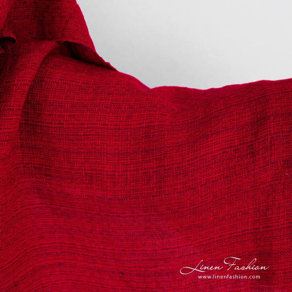 Red linen fabric in tweed pattern