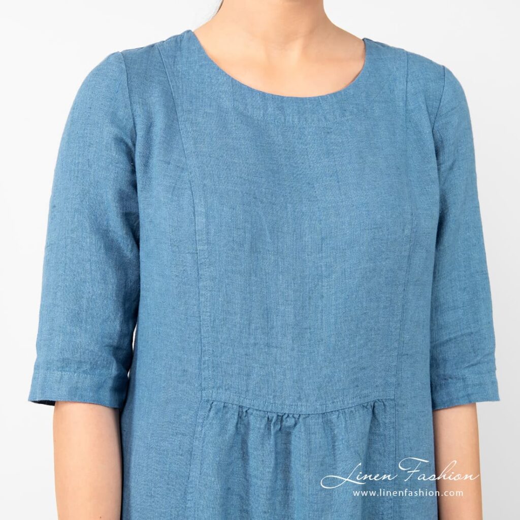 SERENA teal linen dress with 3/4 sleeves