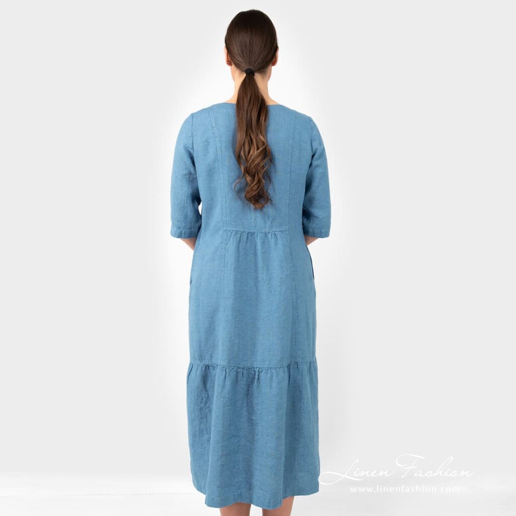 SERENA teal linen dress from back side