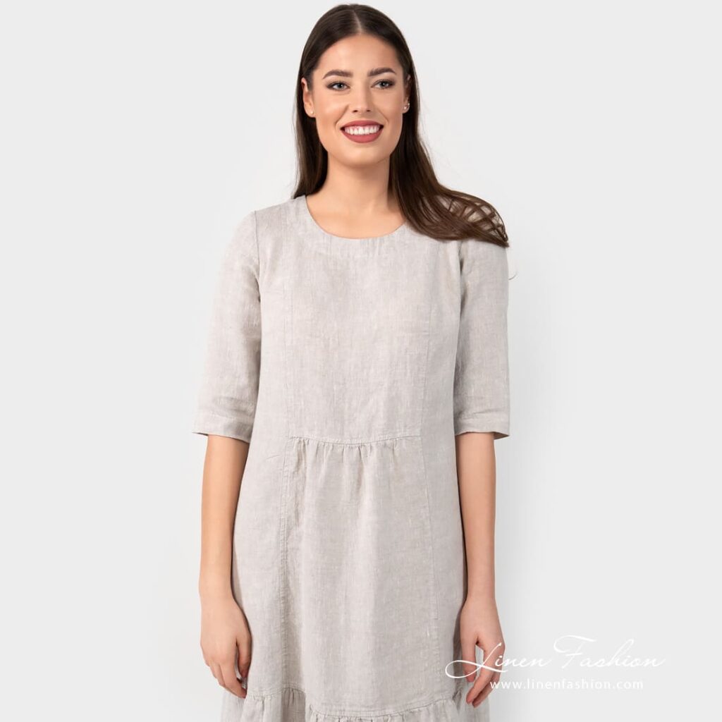 SERENA natural color linen dress with 3/4 sleeves