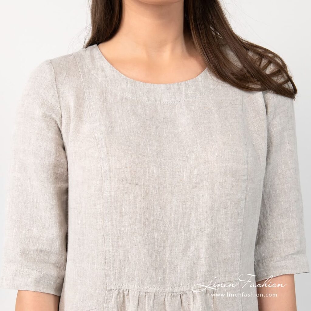 SERENA natural color linen dress with round neck