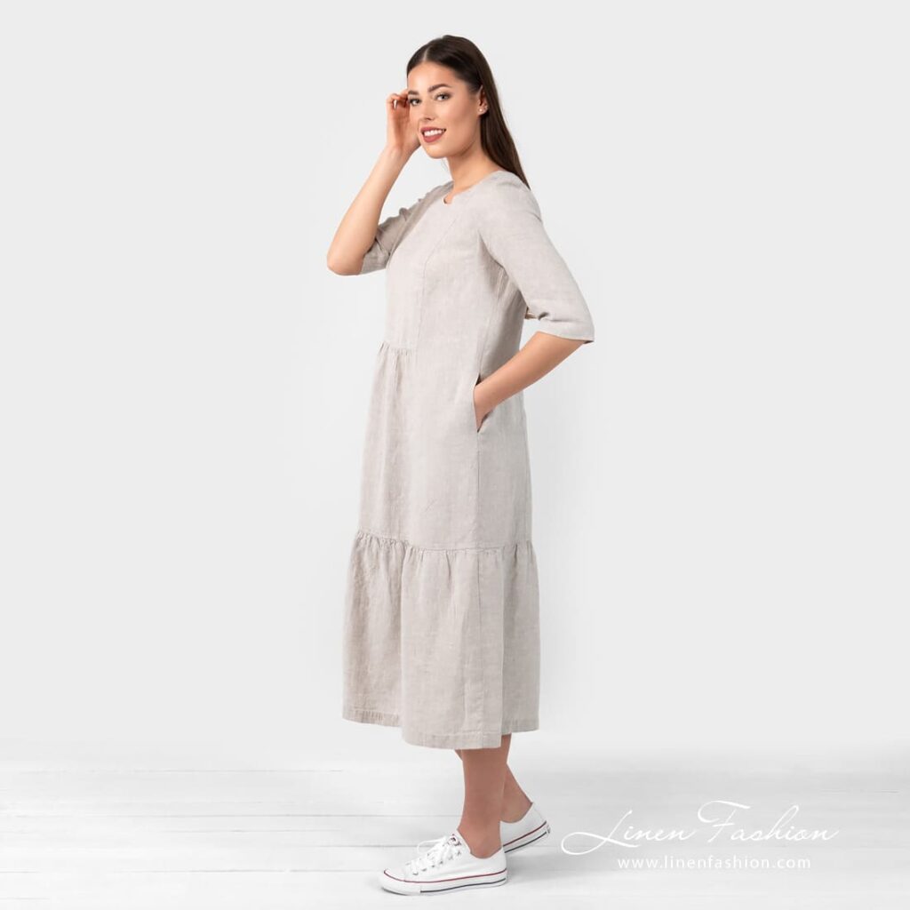SERENA natural color linen dress with pockets on the side