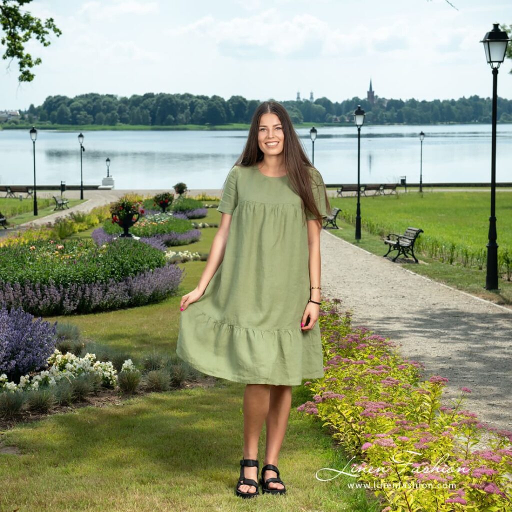 SAVANA moss green linen dress, specially washed