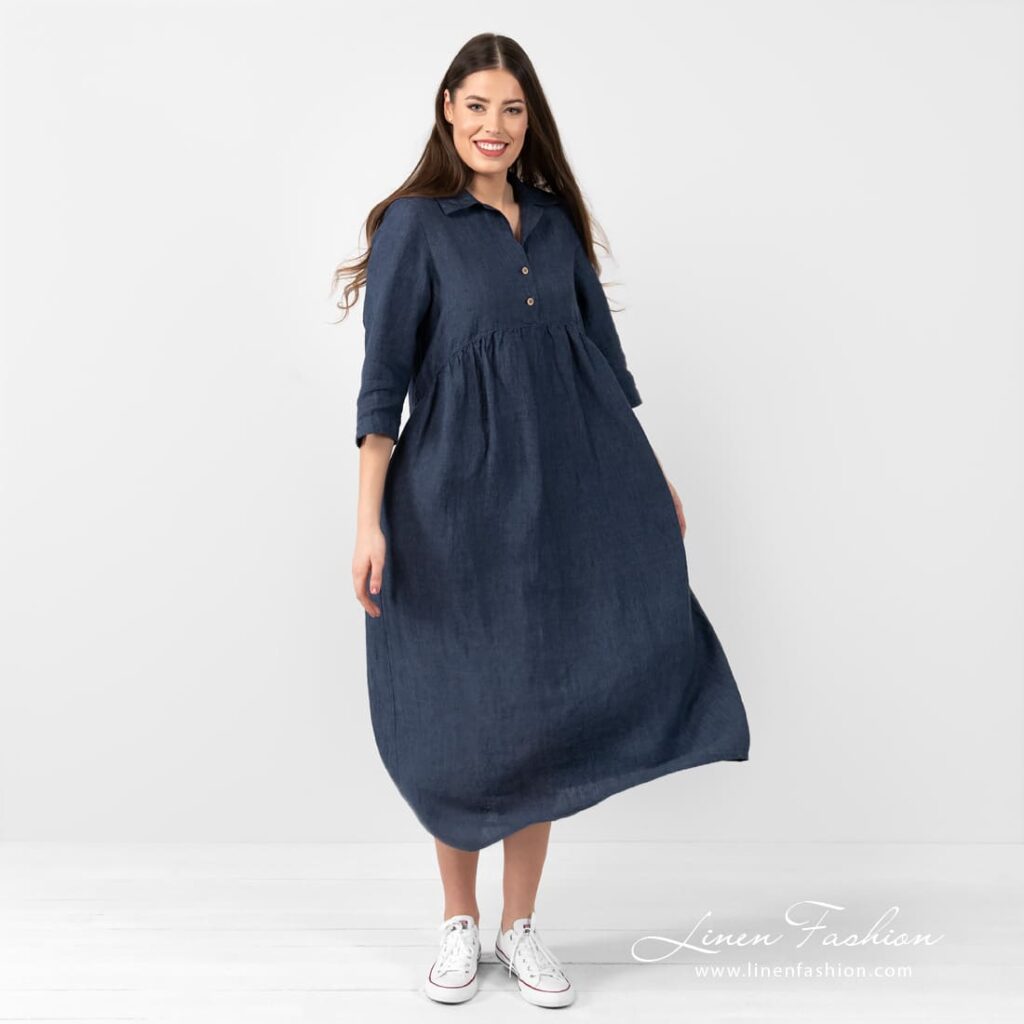 MONTANA dark blue linen dress with wrinckle under chest