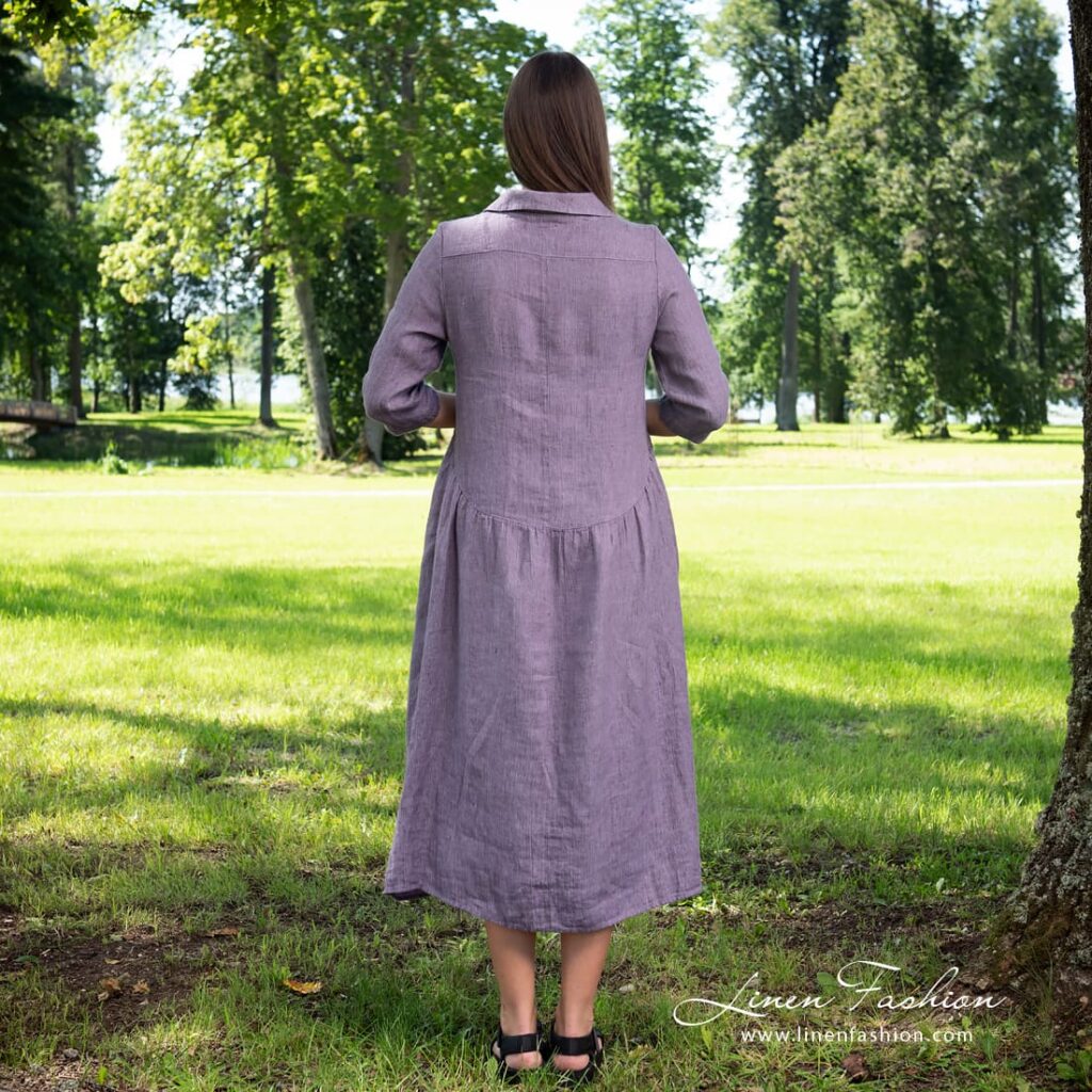 Long violet linen dress from the backside