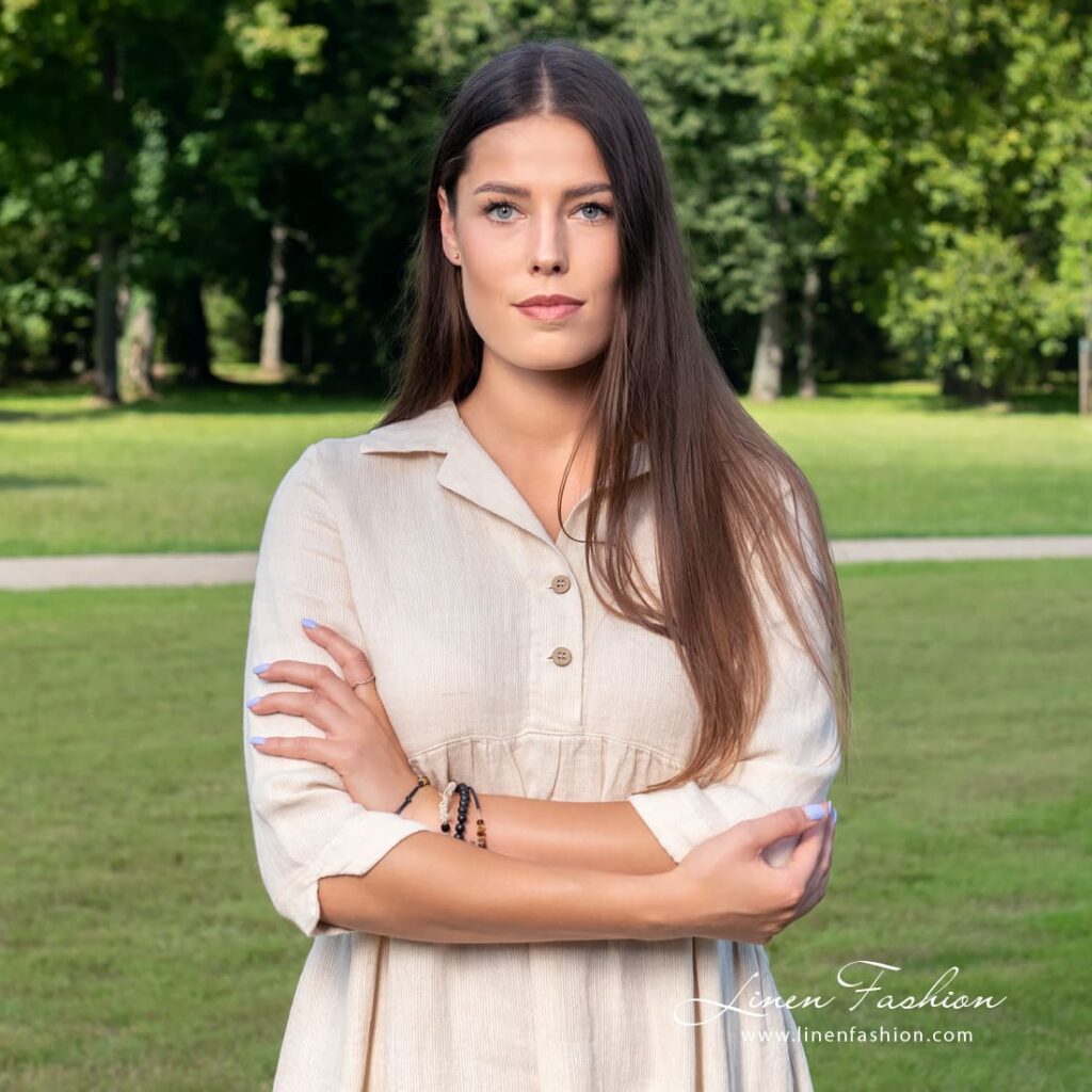 Light sand linen dress with 3/4 sleeves, buttoned front