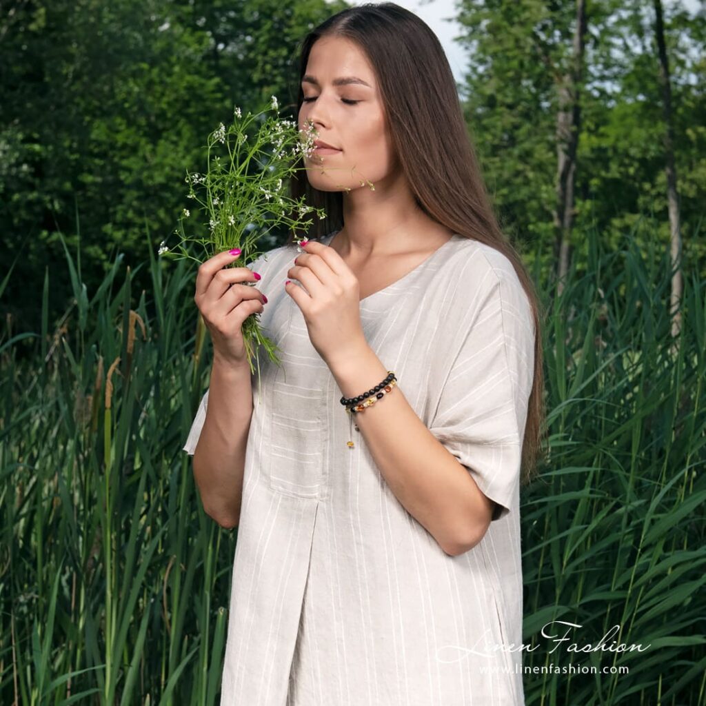 Grey linen dress with narrow vertical stripes