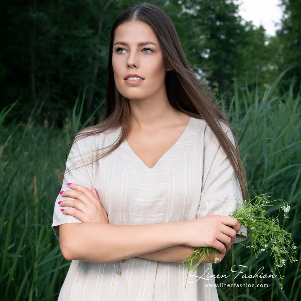 Grey linen dress with V-neck