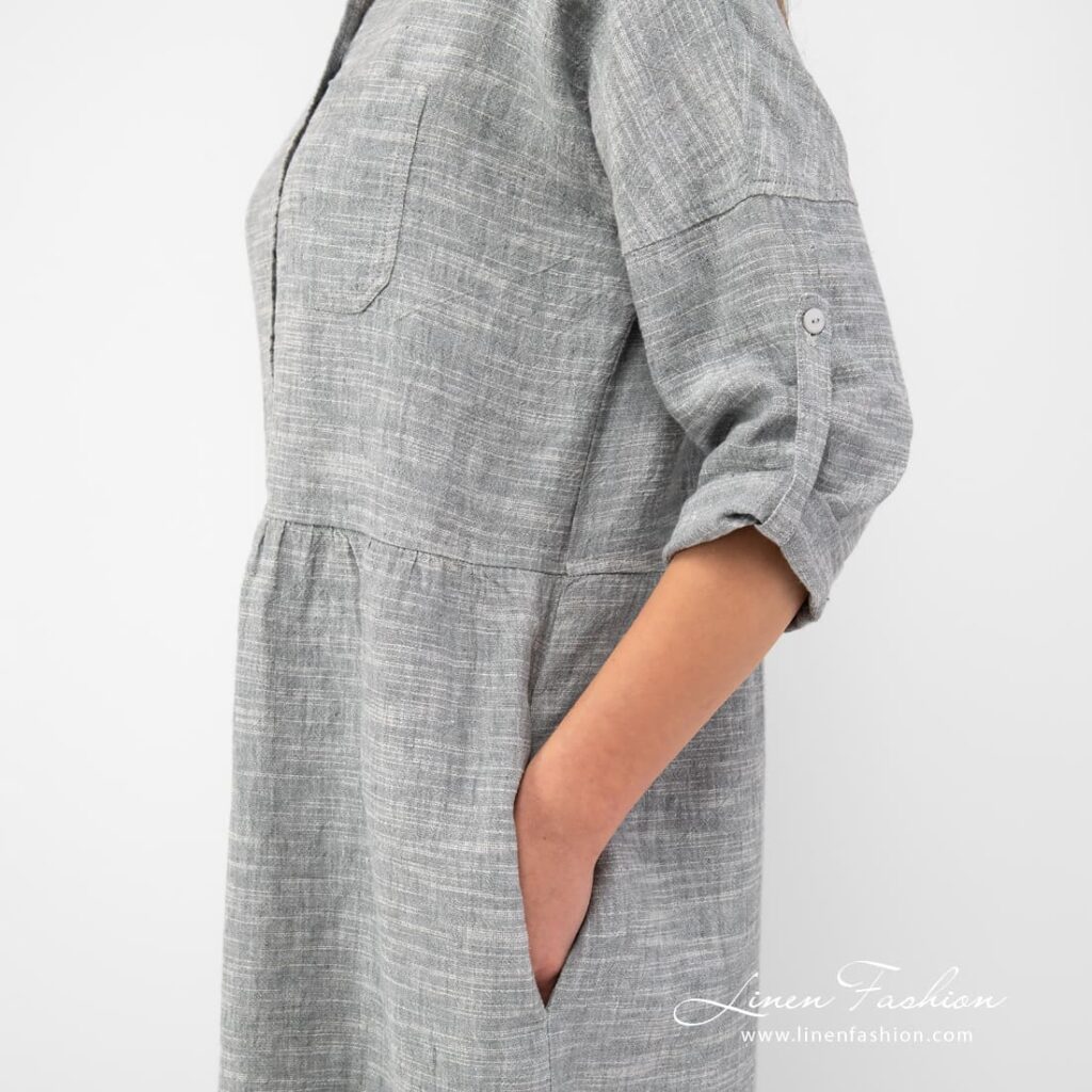 Grey linen cotton dress side pockets