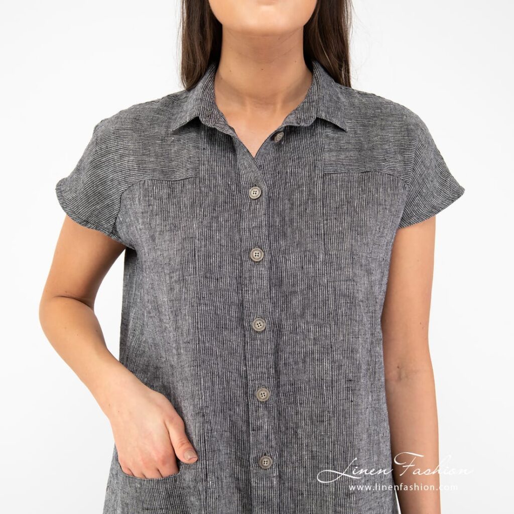 GINA black linen dress buttons and collar