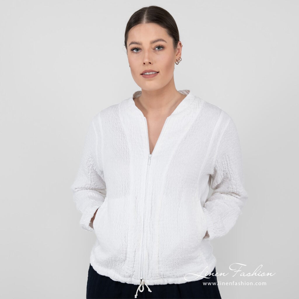 linen white bomber jacket.