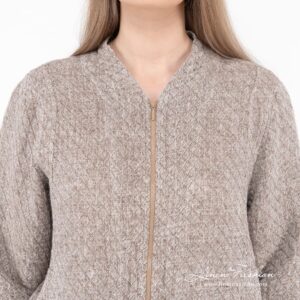 brown bomber jacket with zip closure.