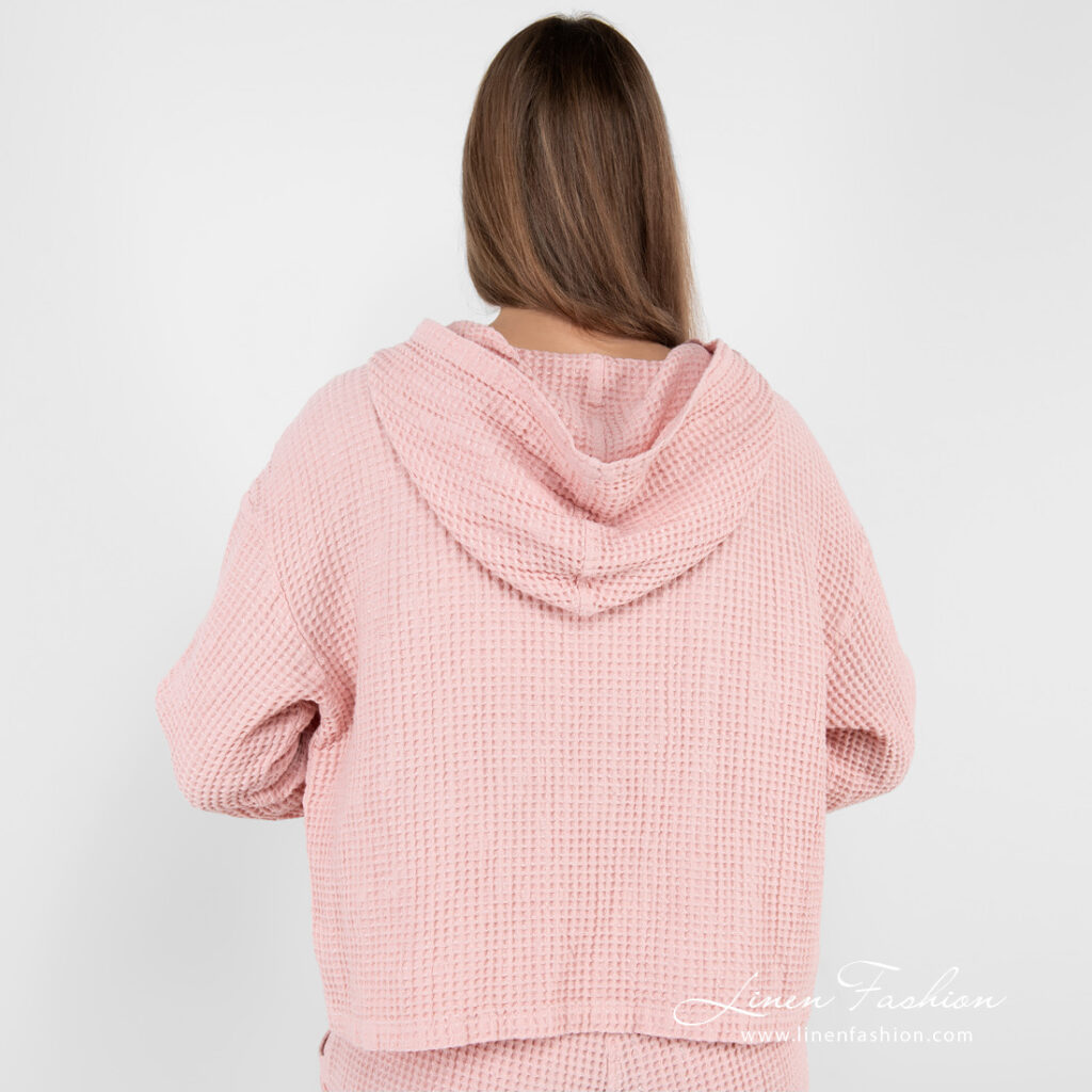 linen cotton hoodie pink from back side.
