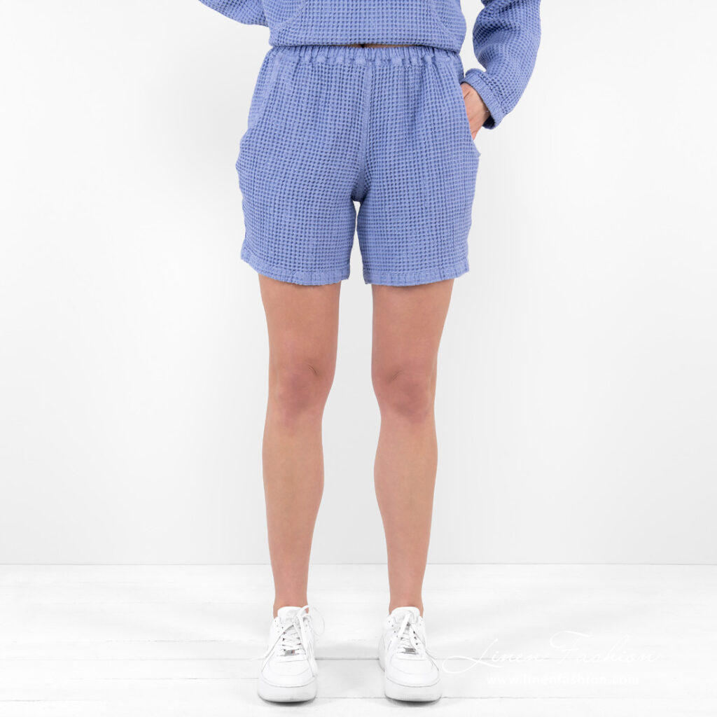 linen cotton shorts violet blue waffle washed.